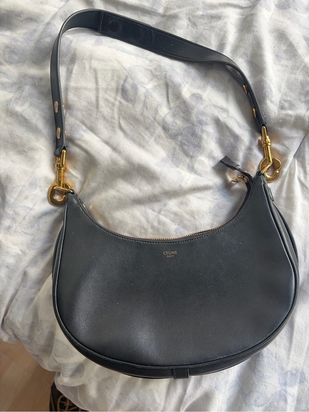Celine Black Leather Crescent Shoulder Bag with Gold Hardware
